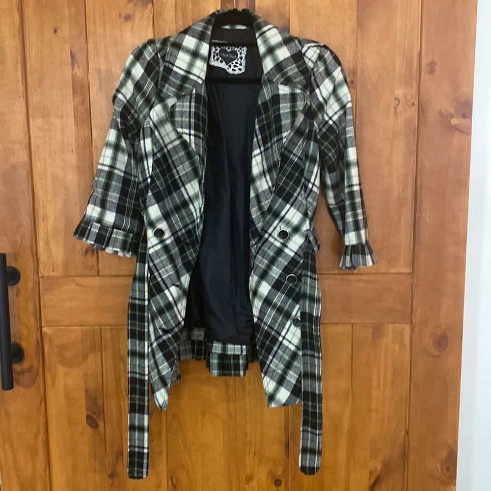 Belted plaid pea coat
